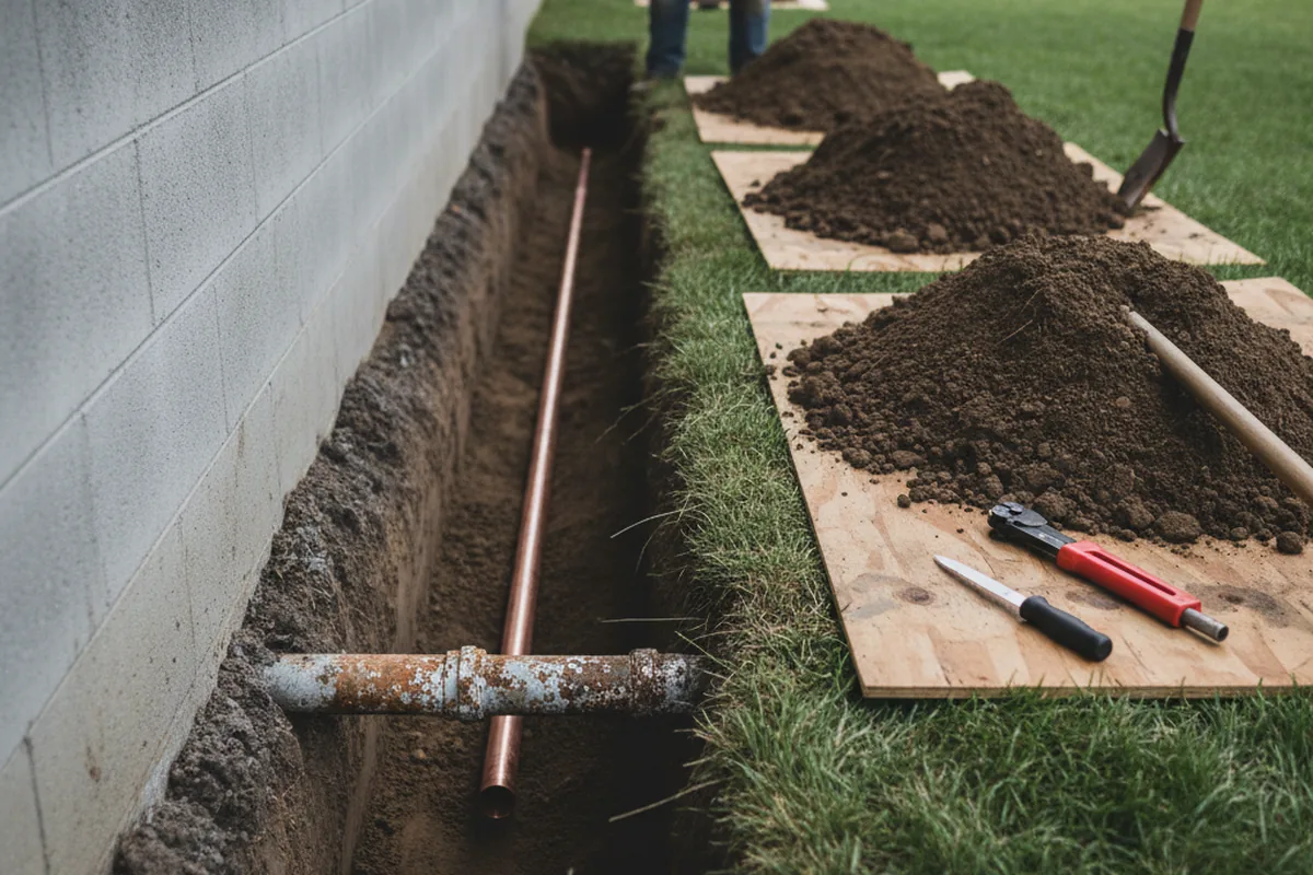 Excavated water line trench during Water Softener Installation in Jonesboro